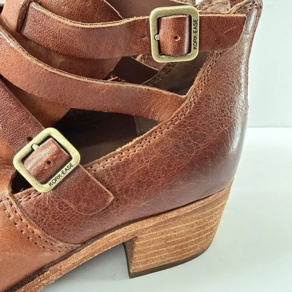 Kork-Ease Jardin Brown Leather Strappy Cut Out Ankle Booties Block Heel Size 8